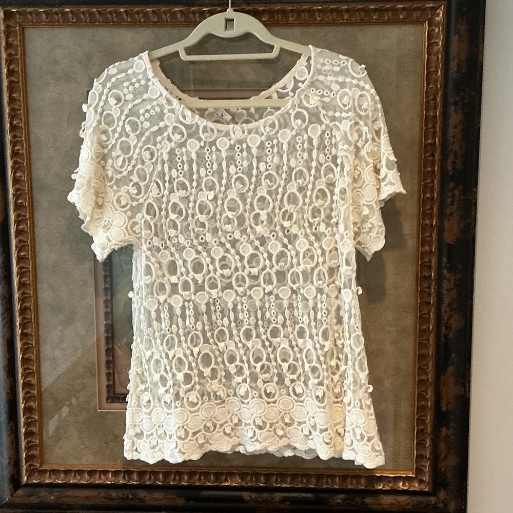 Sundance Cream Mesh Embroidered & Embellished Top